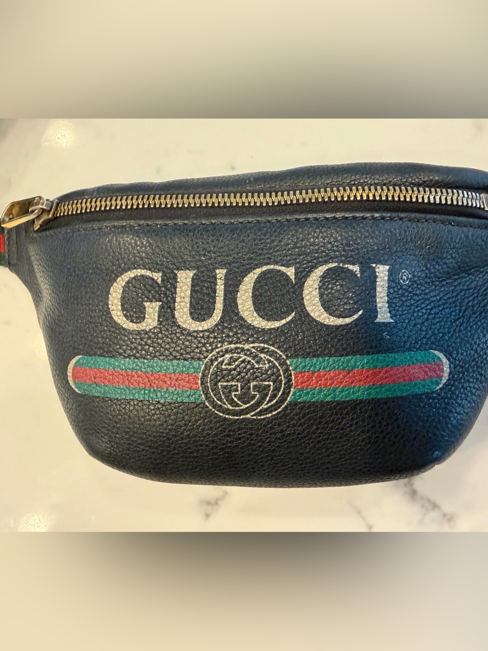Gucci Black Leather Belt Bag with Green-Red Web Stripe